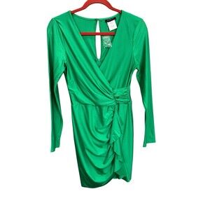 B. Darlin Women's Sz 9/10 Dress Green Long Sleeve V-Neck Faux Wrap Ruffle Knee